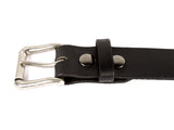 Black leather belt made from California Latigo cowhide, with two silver snaps, a belt loop, and a removable silver roller buckle.