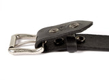 Black leather belt made from California Latigo cowhide, with two silver snaps, a belt loop, and a removable silver roller buckle.