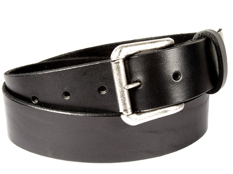 Black leather belt made from California Latigo cowhide, with five holes, a belt loop, and a removable silver roller buckle.