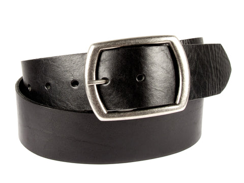 1.75 inch wide black belt made from American cowhide with five holes and a removable silver buckle.