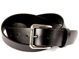 Black leather belt made from California Latigo cowhide, with five holes, a belt loop, and a removable silver roller buckle.