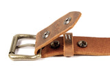 Distressed brown leather belt with two snaps, a removable gold buckle, and a belt loop.
