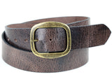 Distressed brown leather belt with a removable gold buckle.