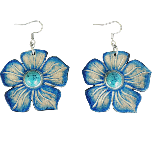 Blue Flower Power Leather Earrings