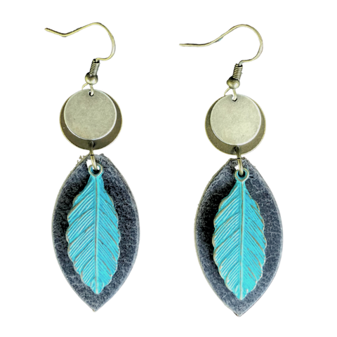 Mixed Metal Leaves Leather Earrings