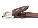 Cognac brown leather belt with two snaps, a removable silver buckle, and a belt loop.