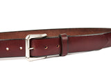 Cognac brown leather belt with a removable silver buckle and a belt loop.