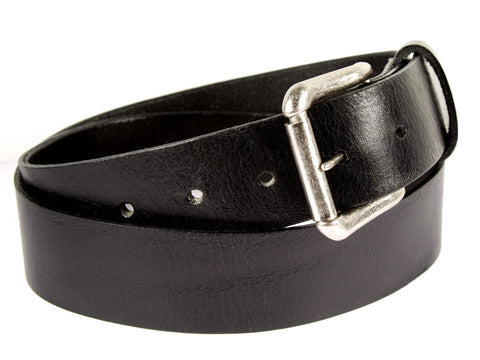 Black leather belt made from American cowhide with silver roller buckle.