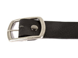 1.75 inch wide black belt made from American cowhide with a silver snap and removable silver buckle. 
