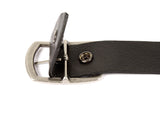 1.75 inch wide black belt made from American cowhide with silver snap and removable silver buckle. 