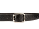 1.75 inch wide black belt made from American cowhide with five holes and a removable silver buckle. 