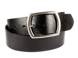 1.75 inch wide black belt made from American cowhide with five holes and a removable silver buckle. 