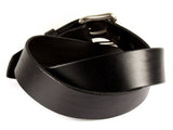 Black leather belt made from California Latigo cowhide, with a removable silver roller buckle.