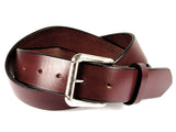 Cognac brown leather belt with a removable gold buckle and a belt loop.