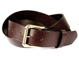 Brown leather belt with a removable gold buckle and a belt loop.