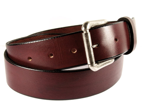 Cognac brown leather belt with a removable gold buckle and a belt loop.