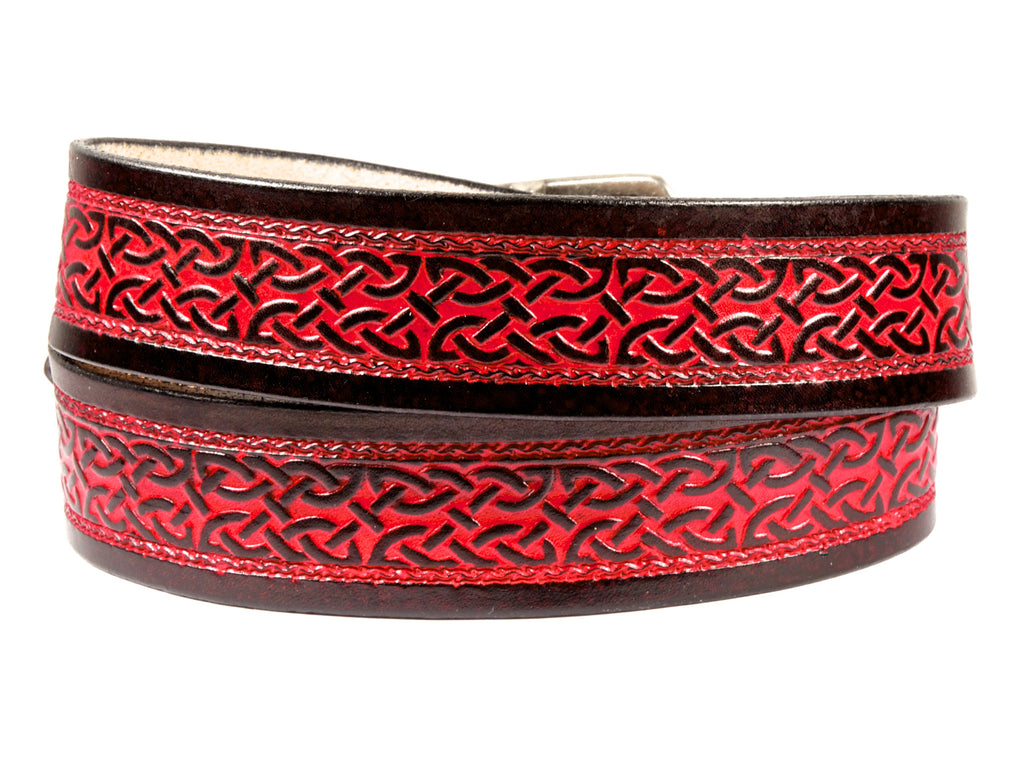 Red Belt, Celtic, Hand Tooled Leather Belt, Mens Leather Belt