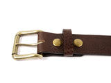 Brown leather belt with two snaps, a removable gold buckle, and a belt loop.