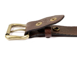 Brown leather belt with two snaps, a removable gold buckle, and a belt loop.