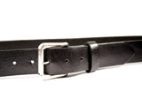 Black leather belt made from American cowhide with five holes and silver roller buckle.