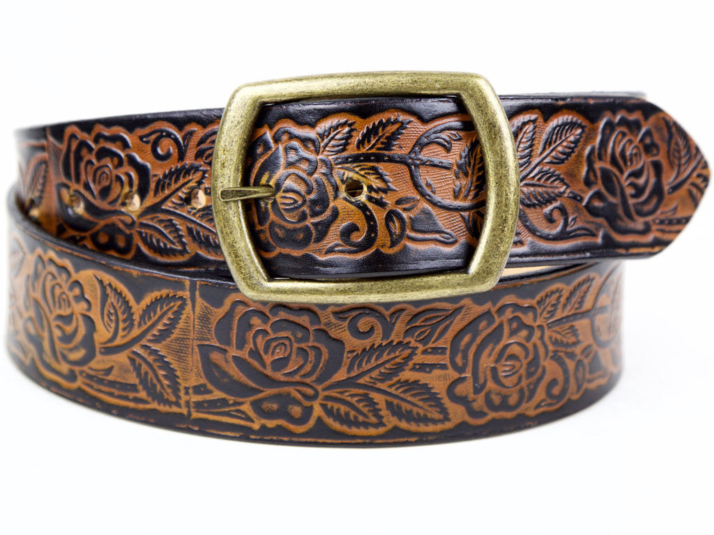 Rose Pattern Wide Leather Belt Made in Seattle Marakesh Leather