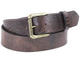 Distressed brown leather belt with a removable gold buckle and a belt loop.