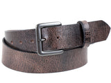 Distressed brown leather belt with a removable silver buckle and a belt loop.