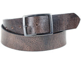 Distressed brown leather belt with a removable silver buckle.