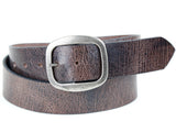 Distressed brown leather belt with a removable silver buckle.