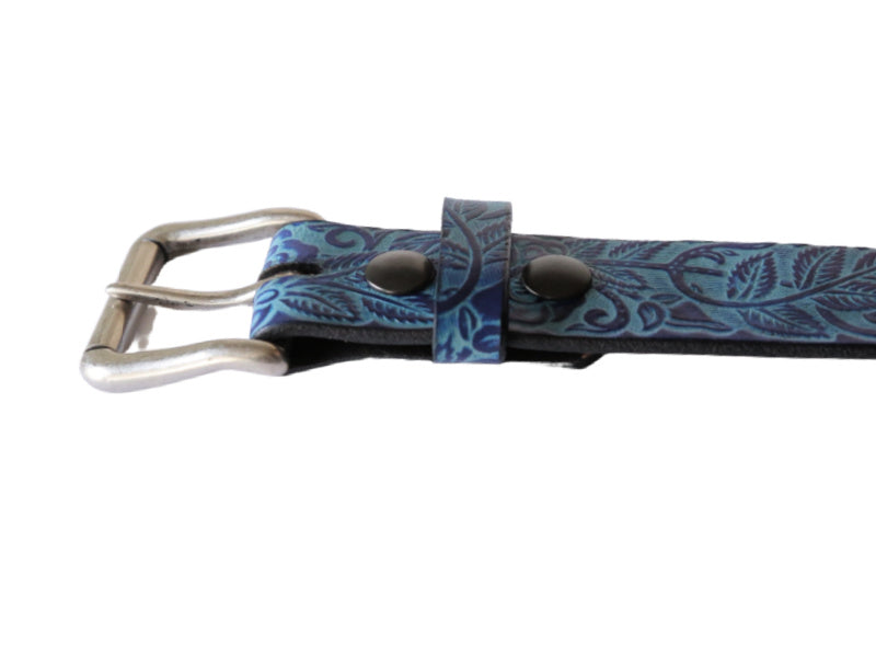 Wild & Vine Leather Belt - Custom Handmade Leather Belt Rose - Black w/ Color / Half Oval - Silver